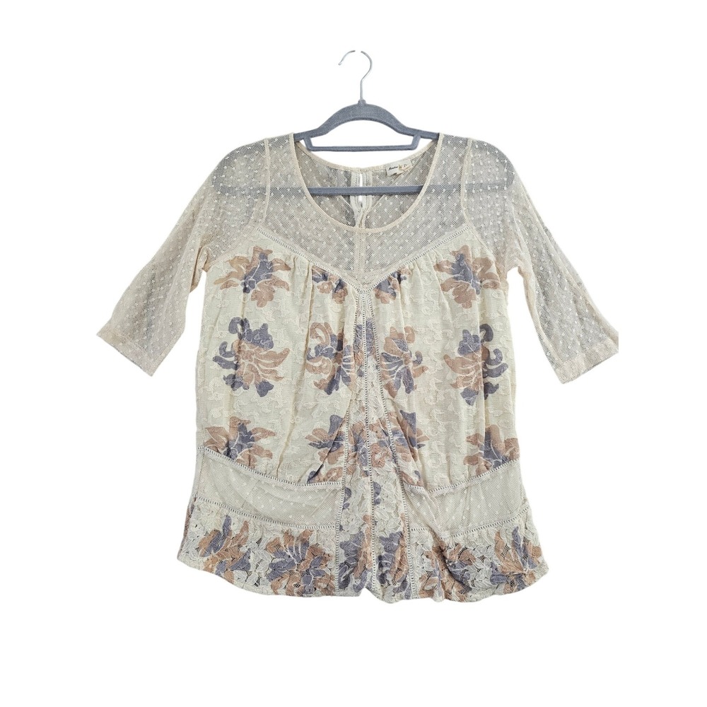 Meadow Rue Anthropologie Blouse Womens M Ivory Floral Lace Mesh Pointelle Top